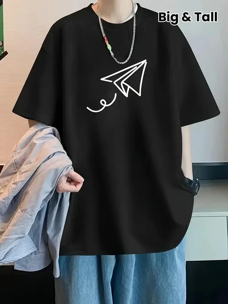 Erkek Kısa Kol Yazlık Tişört Bisiklet Yaka Baskılı Oversize T-Shirt - Siyah ürün görseli 1