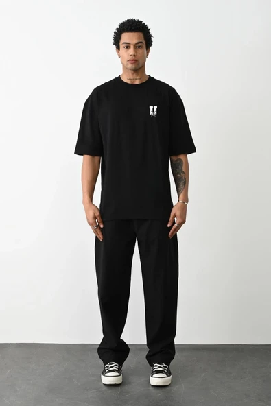Erkek Kısa Kol Yazlık Tişört Bisiklet Yaka Baskılı Oversize T-Shirt - Siyah ürün görseli 1