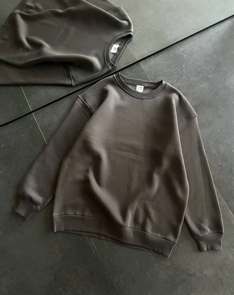 Kadın Bisiklet Yaka 3 İplik Pamuklu Basic SweatShirt - Füme ürün görseli 1