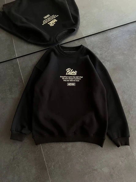 Kadın 3 iplik Pamuklu Bisiklet Yaka Baskılı SweatShirt - Siyah ürün görseli 1