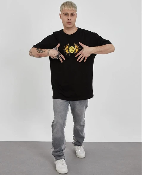 Erkek Kısa Kol Yazlık Tişört Bisiklet Yaka Baskılı Oversize T-Shirt - Siyah ürün görseli 1