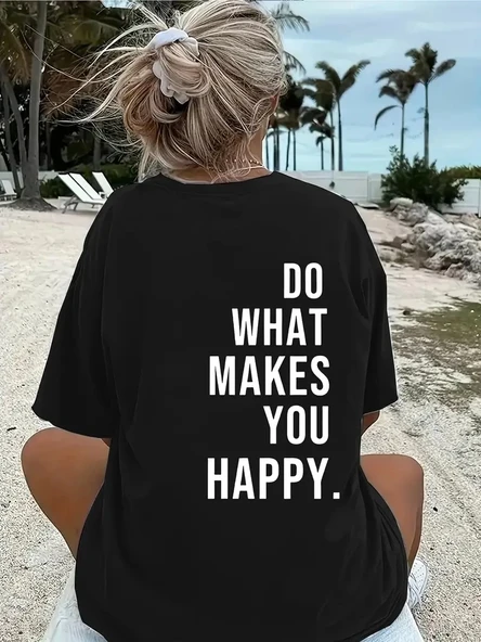 Kadın Kısa Kol Yazlık Tişört Bisiklet Yaka Baskılı Oversize T-Shirt - Siyah ürün görseli 1