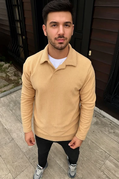 Erkek Fitilli Polar Sweatshirt Düğmesiz Yaka Oversize - Bej ürün görseli 1