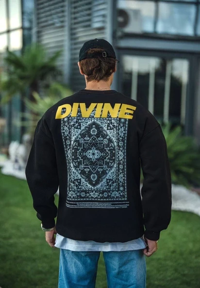 Erkek 3 iplik pamuklu Kışlık Bisiklet Yaka Baskılı SweatShirt - Siyah ürün görseli 1