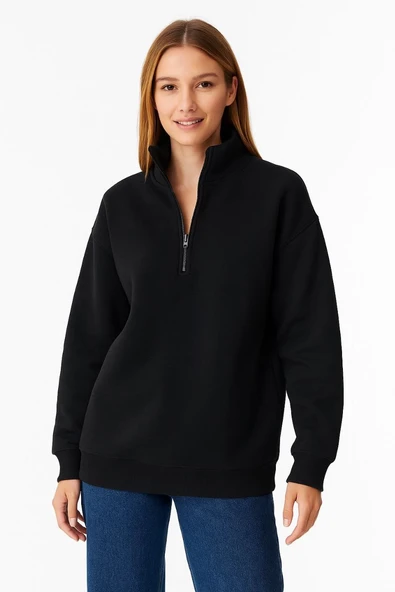 Kadın 3 İplik Pamuklu Dık Yaka Yarım Fermuarlı SweatShirt - Siyah ürün görseli 1