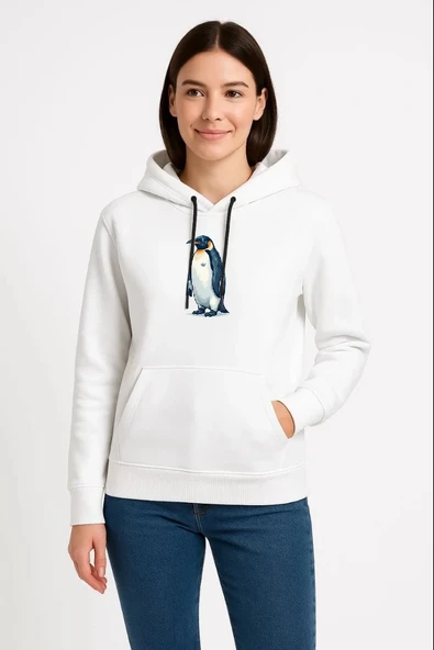 Kadın 3 İplik Pamuklu Kapüşonlu Hoodie Sweatshirt Survivor Penguen Baskılı - Beyaz ürün görseli 1