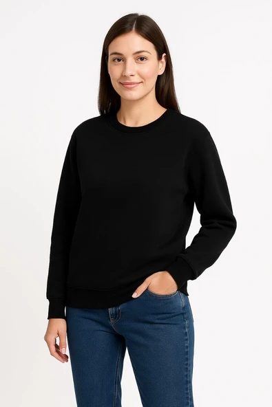 Kadın 3 İplik Pamuklu Düz Bisiklet Yaka SweatShirt - Siyah ürün görseli 1