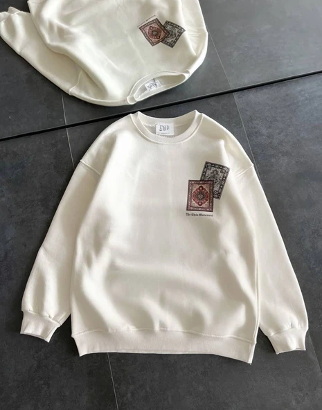 Kadın Bisiklet Yaka Kilim Halı Baskılı 3 İplik Pamuklu Sweatshirt - Beyaz ürün görseli 1