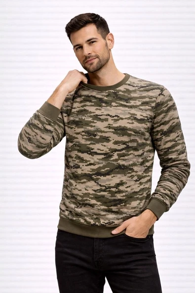 Erkek Kamuflaj Desenli 2 İplik 4 Mevsim Uzun Kollu Bisiklet Yaka Sweatshirt - Kamuflaj ürün görseli 1