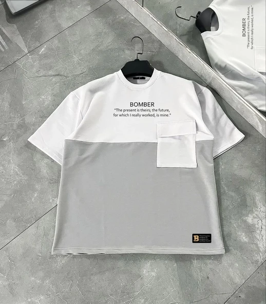 ERKEK Tişört Torba Cepli Parçalı Kısa Kol T-Shirt - Gri ürün görseli 1