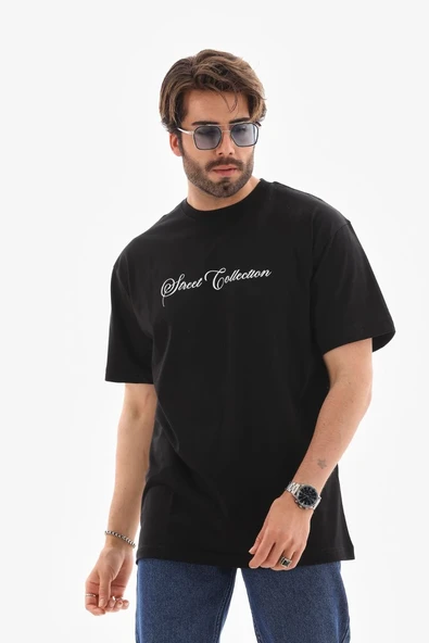 Erkek Kısa Kol Yazlık Tişört Bisiklet Yaka Baskılı Oversize T-Shirt - Siyah ürün görseli 1