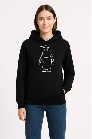 Kadın 3 İplik Pamuklu Kapüşonlu Hoodie Sweatshirt Nihilist Penguen Baskılı - Siyah ürün görseli 1