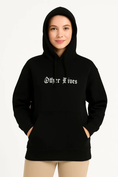 Kadın Kapüşonlu Kanguru Cepli Sweatshirt 3 İplik Pamuklu Baskılı Hoodie - Siyah ürün görseli 1