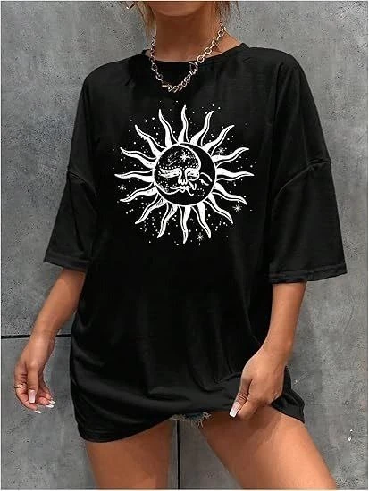 Kadın Baskılı T-Shirt Kısa Kol Bisiklet Yaka Regular Fit Rahat Kalıp Tişört - Siyah ürün görseli 1