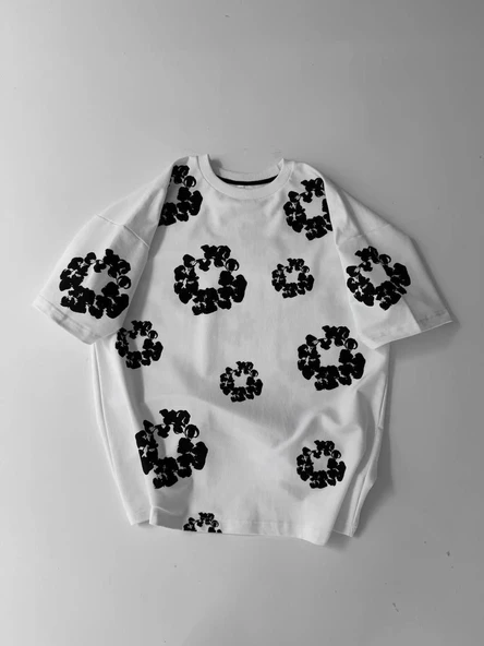 Erkek Tişört Ön ve Arka Baskılı Oversize Bisiklet Yaka T-shirt- Beyaz ürün görseli 1