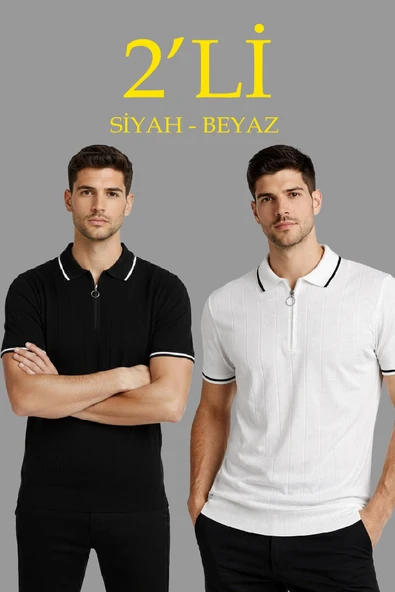 Erkek Triko Tişört Fermuarlı Polo Yaka Yazlık Kısa Kol T-Shirt 2 li Set Beyaz-Siyah ürün görseli 1