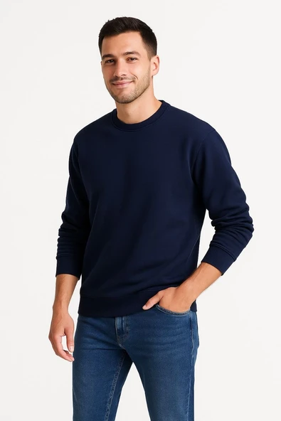 Erkek 3 İplik Pamuklu Düz Bisiklet Yaka SweatShirt - Lacivert ürün görseli 1