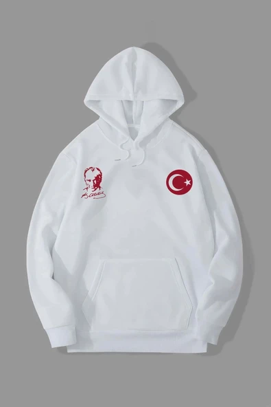 Erkek 10 Kasıma Özel 3 İplik Kapüşonlu Baskılı SweatShirt Hoodie - Beyaz ürün görseli 1