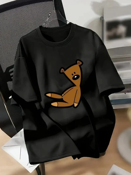 Kadın Tişört Ayı Baskılı Bisiklet Yaka Yazlık Kısa Kol T-shirt - Siyah ürün görseli 1