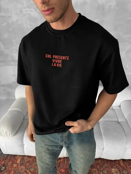 Erkek Ön ve Arka Baskılı T-Shirt Kısa Kol Bisiklet Yaka Regular Fit Tişört - Siyah ürün görseli 1