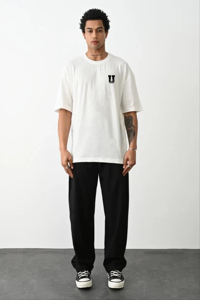 Erkek Kısa Kol Yazlık Tişört Bisiklet Yaka Baskılı Oversize T-Shirt - Beyaz ürün görseli 1