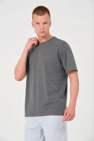 Erkek Düz Bisiklet Yaka Tişört Kısa Kol Yazlık T-Shirt - Antrasit ürün görseli 1