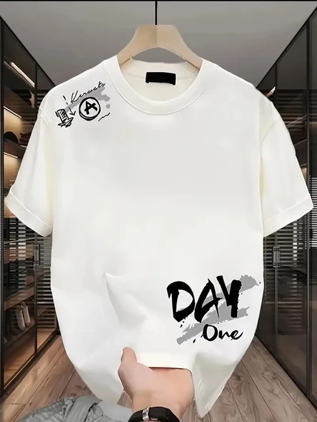 Kadın Kısa Kol Yazlık Tişört Bisiklet Yaka Baskılı Oversize T-Shirt - Beyaz ürün görseli 1