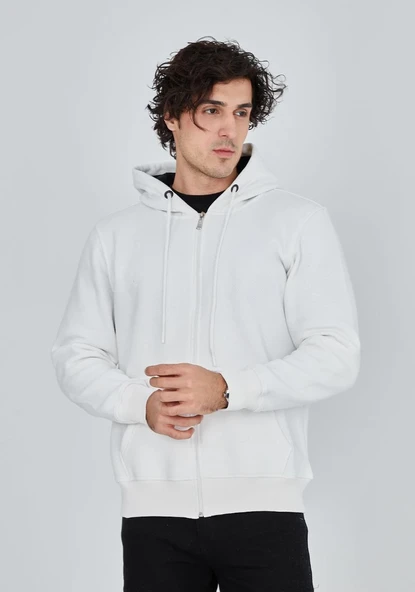 Erkek 3 İplik Pamuklu Kapüşonlu Tam Fermuarlı Cepli Hoodie Sweatshirt - Beyaz ürün görseli 1