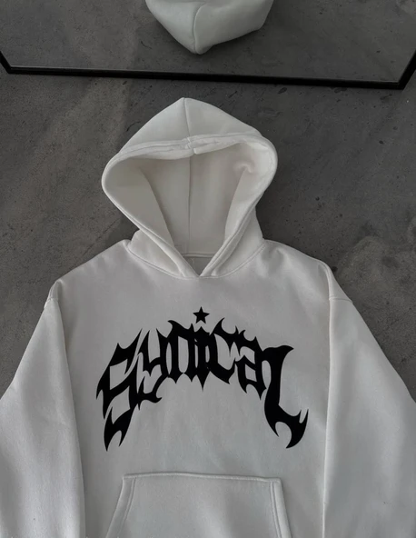 Kadın Kapüşonlu Kanguru Cepli Sweatshirt 3 İplik Pamuklu Baskılı Hoodie -  Beyaz ürün görseli 1