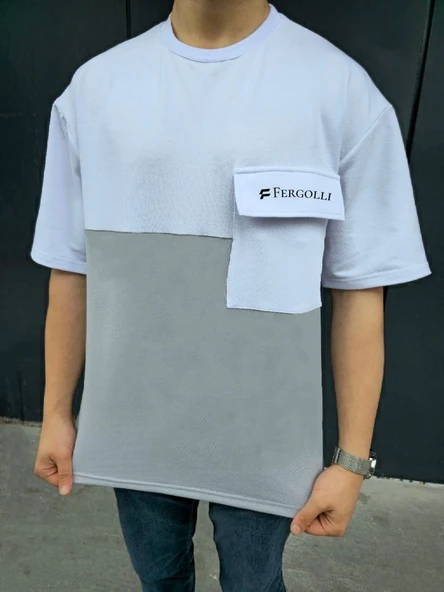ERKEK Tişört Torba Cepli Parçalı Kısa Kol T-Shirt - Gri ürün görseli 1