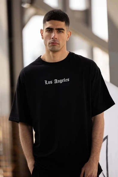 Erkek Kısa Kol Yazlık Tişört Bisiklet Yaka Baskılı Oversize T-Shirt - Siyah ürün görseli 1