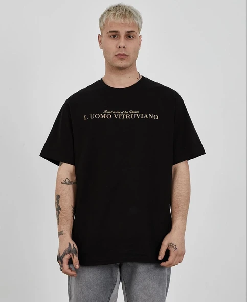ERKEK Bisiklet Yaka Tişort Baskılı Oversize kısa kol T-Shirt - Siyah ürün görseli 1