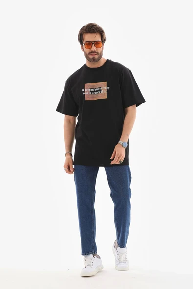 Erkek Baskılı T-Shirt Kısa Kol Bisiklet Yaka Regular Fit Rahat Kalıp Tişört -  Siyah ürün görseli 1