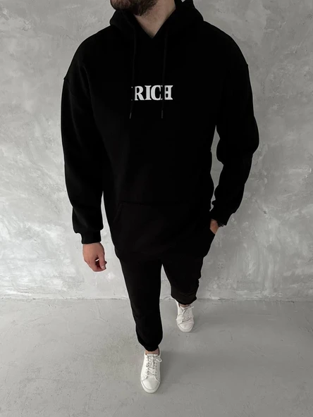 Erkek Kapüşonlu Kanguru Cepli Sweatshirt 3 İplik Pamuklu Baskılı Hoodie -  Siyah ürün görseli 1