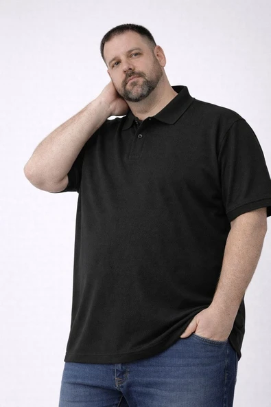 Erkek Polo Yaka Düğmeli Tişört Pike Kumaş Battal Beden Kısa Kol T-Shirt - Siyah ürün görseli 1