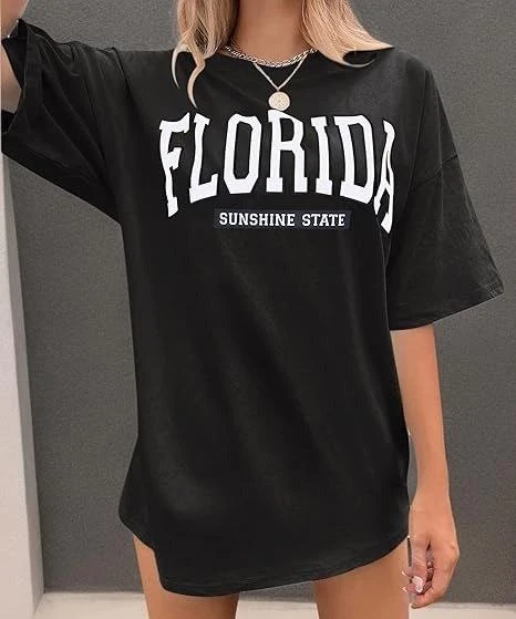 Kadın Kısa Kol Yazlık Tişört Bisiklet Yaka FLORIDA Baskılı T-Shirt - Siyah ürün görseli 1