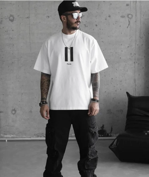 Erkek Kısa Kol Yazlık Tişört Bisiklet Yaka Baskılı Oversize T-Shirt - Beyaz ürün görseli 1