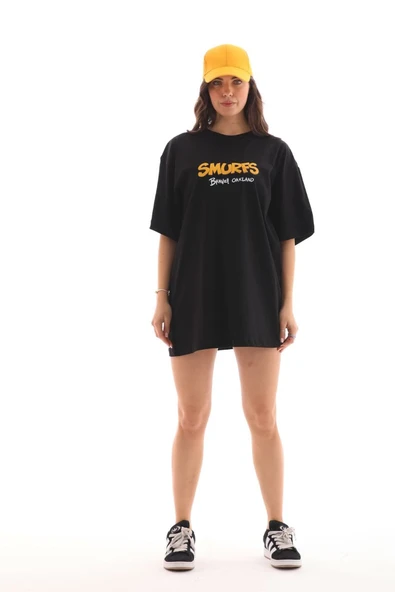 Kadın Kısa Kol Yazlık Tişört Bisiklet Yaka Baskılı Oversize T-Shirt - Siyah ürün görseli 1