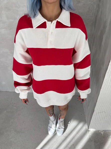 Kadın 3 İplik Pamuklu Parçalı Yakalı SweatShirt - Kırmızı ürün görseli 1
