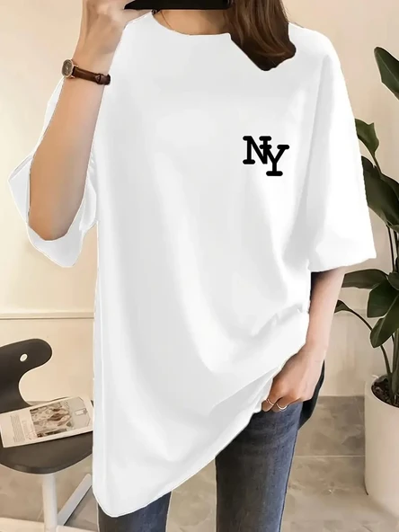 Kadın T-shirt Eğlenceli Harf NY Baskılı Bisiklet Yaka Tişört - Beyaz ürün görseli 1