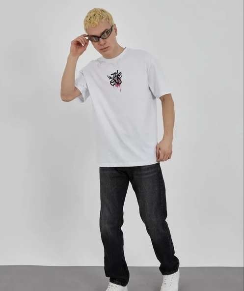 Erkek Kısa Kol Yazlık Tişört Bisiklet Yaka Baskılı Oversize T-Shirt - Beyaz ürün görseli 1