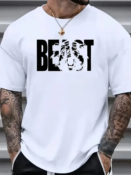 Erkek Baskılı Tişört Kısa Kol Bisiklet Yaka Oversize T-Shirt - Beyaz ürün görseli 1