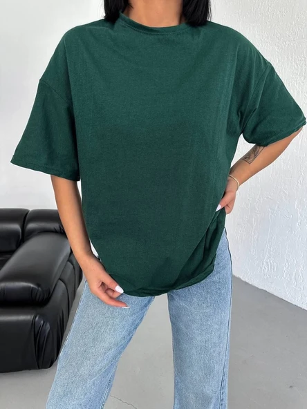 Kadın Düz T-Shirt Kısa Kol Bisiklet Yaka Oversize Rahat Kalıp Günlük Tişört - Haki ürün görseli 1