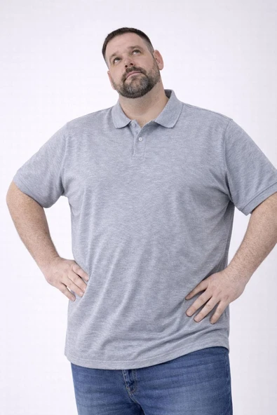 Erkek Polo Yaka Düğmeli Pike Kumaş Tişört Battal Beden Kısa Kol T-Shirt - Gri ürün görseli 1