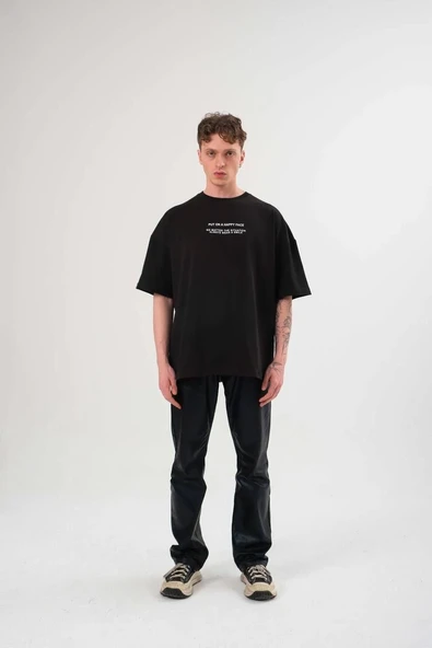 Erkek Kısa Kol Yazlık Tişört Bisiklet Yaka Baskılı Oversize T-Shirt - Siyah ürün görseli 1