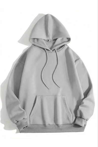 Kadın Kapüşonlu Kanguru Cepli 3 İplik Pamuklu Düz Hoodie Sweatshirt - Gri ürün görseli 1