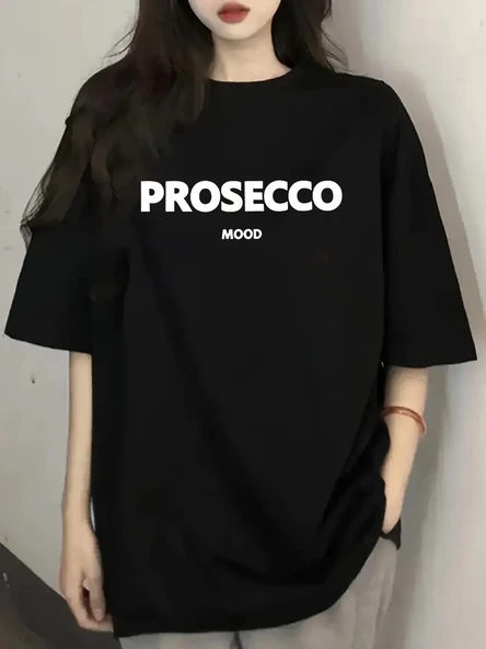 Kadın Kısa Kol Yazlık Tişört Bisiklet Yaka Baskılı Oversize T-Shirt - Siyah ürün görseli 1