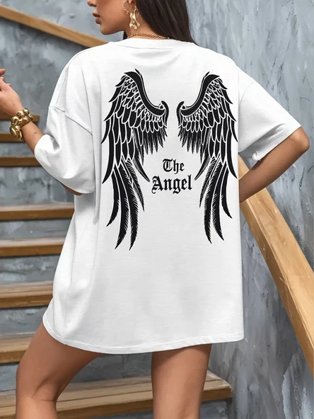 Kadın Kısa Kol Tişört Bisiklet Yaka Angel Melek Kanadı Baskılı T-Shirt - Beyaz ürün görseli 1
