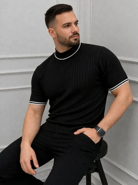 Erkek Fitilli Triko Dokuma Kısa Kol Tişört Yarım Boğaz Modern Yazlık T-Shirt - Siyah ürün görseli 1