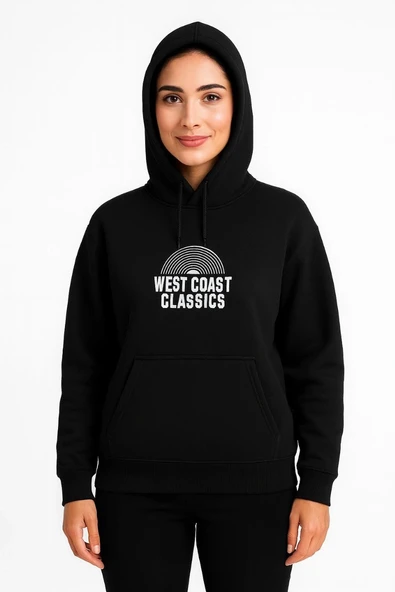 Kadın Oversize Kapüşonlu Cepli Baskılı 3 İplik Pamuklu Hoodie Sweatshirt - Siyah ürün görseli 1